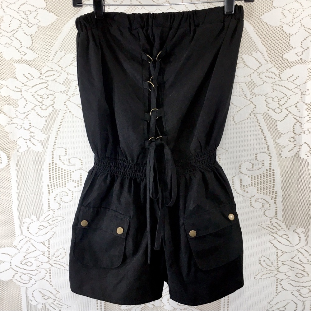 FCNY |  Black Strapless Lace Up Stretch Romper